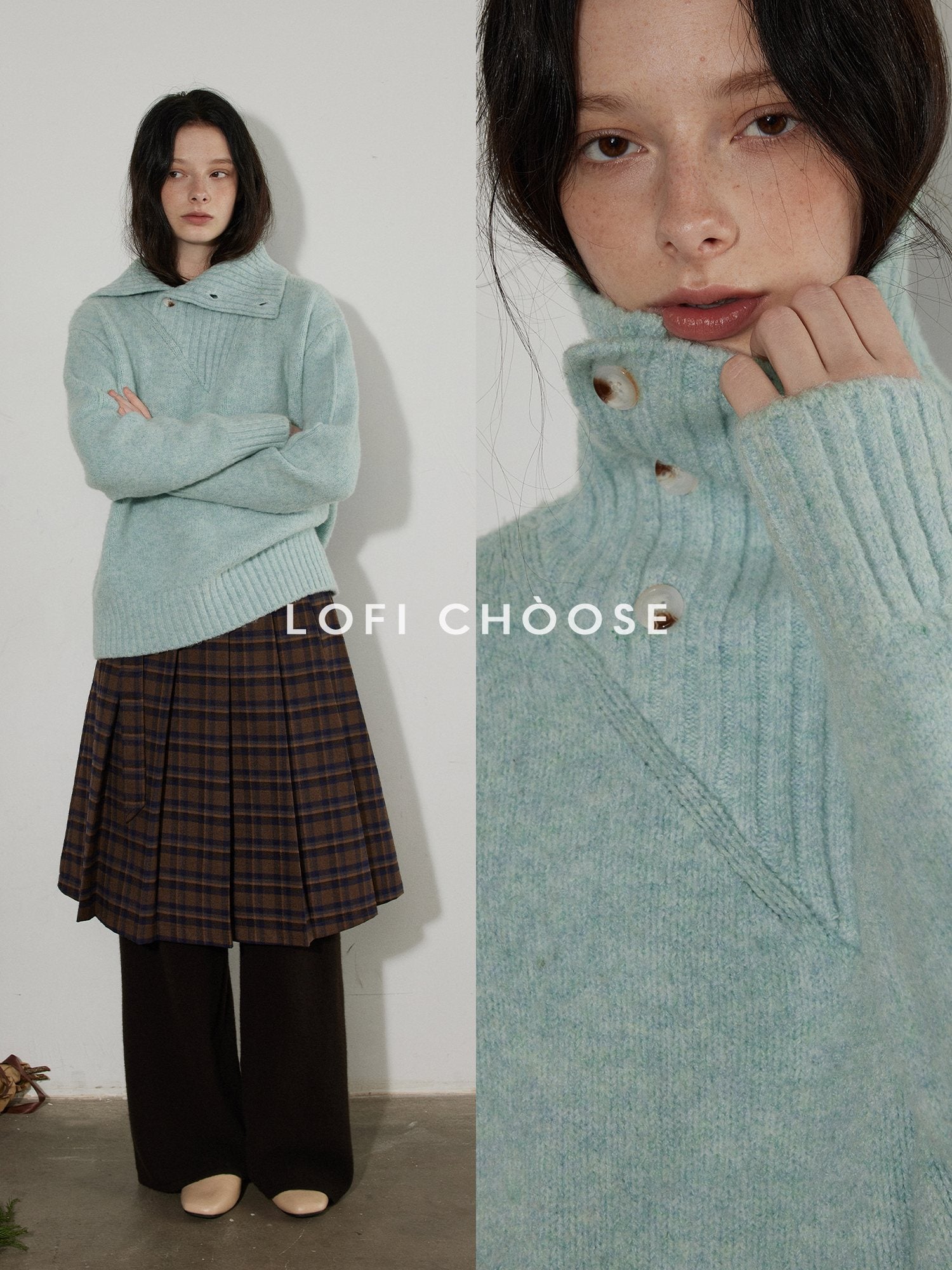 Lofi choose Cozy High Neck Loose Fit Commuter Knit Pullover Blue Polyester Sweaters