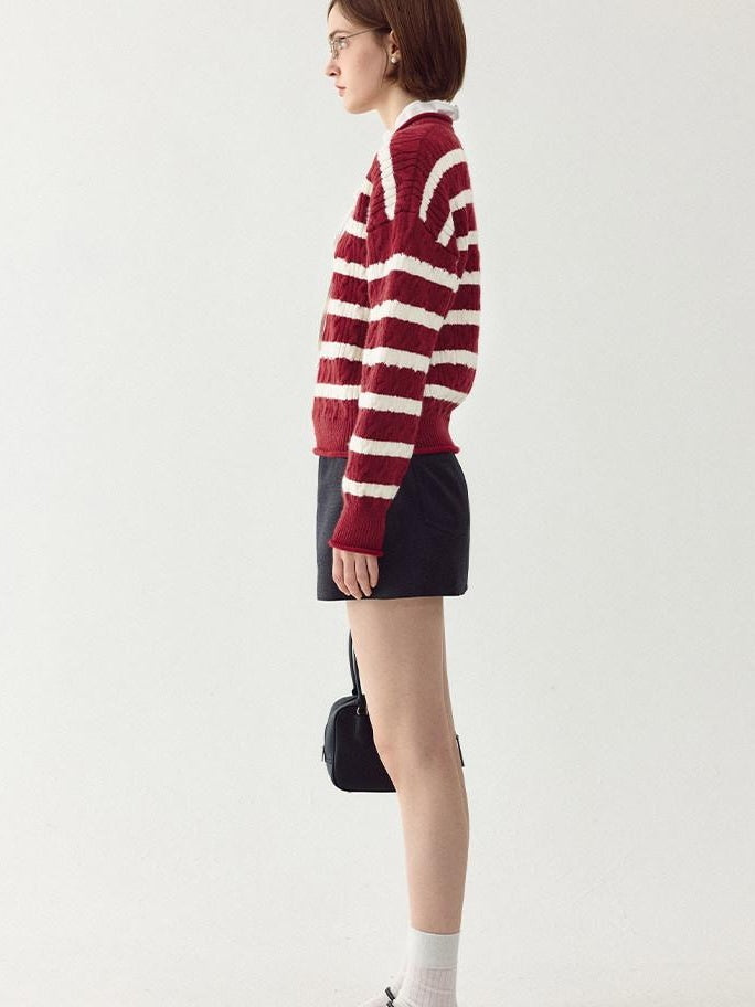 fano Ruffle Detail Loose Fit Commuter V-neck Long Sleeve Striped Women Sweaters