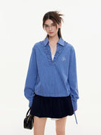 ikyou Stain Resistant Slimming Loose 3D Embroidered V-neck Workwear Plaid Blue Blouses