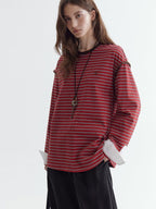 fano Comfort Cotton Stretch Striped Korean Loose Fit Women Long Sleeve T-Shirts