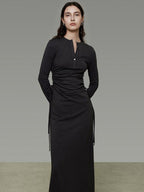 unspoken Breathable Tencel Ruched High Waist A Line Long Sleeve Slim Office Maxi Dresses