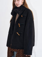 fano Soft Wool Blend Korean Oversized Lapel Collar Women Office Black Solid Short Coat