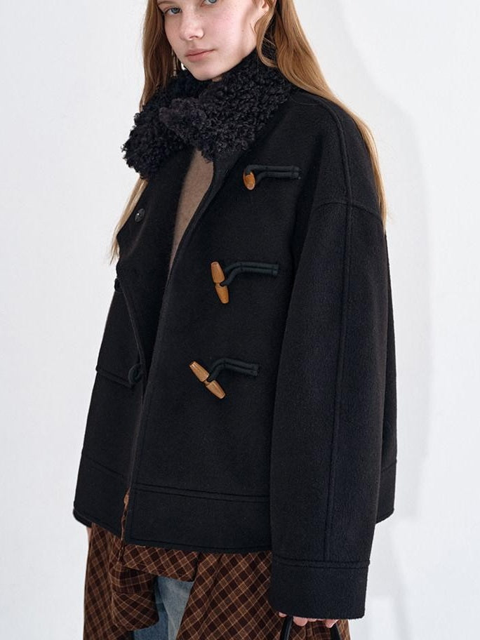 fano Soft Wool Blend Korean Oversized Lapel Collar Women Office Black Solid Short Coat