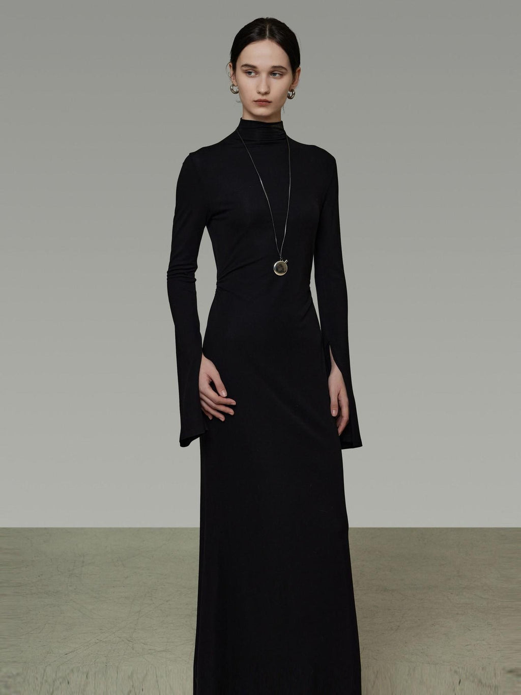 unspoken Soft Breathable Viscose Knit High Waist Aline Slim Black Maxi Dresses