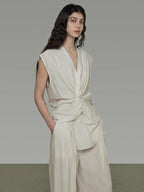 unspoken Breathable Linen Blend Sleeveless V-neck Tie Front Loose Fit Work White Blouses