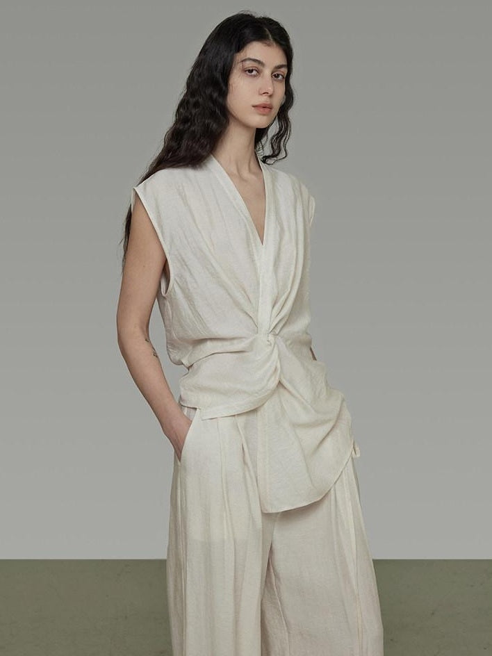 unspoken Breathable Linen Blend Sleeveless V-neck Tie Front Loose Fit Work White Blouses