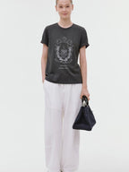 fano Soft Polycotton Korean Loose Fit Crew Neck Dark Gray Print Short Sleeve T-Shirts