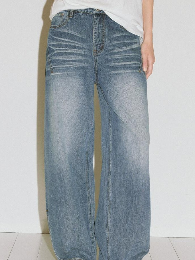 fano High Waist Wide Leg Zipper Fly Loose Light Blue Denim Straight Leg Jeans