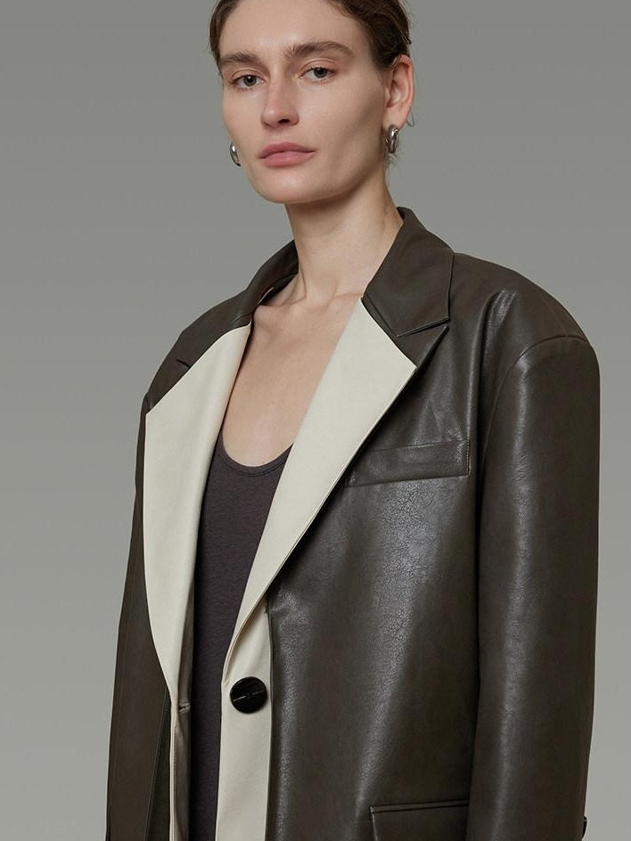 unspoken Soft Viscose Blazer Collar Relaxed Fit Commuter Women Brown Leather Jackets