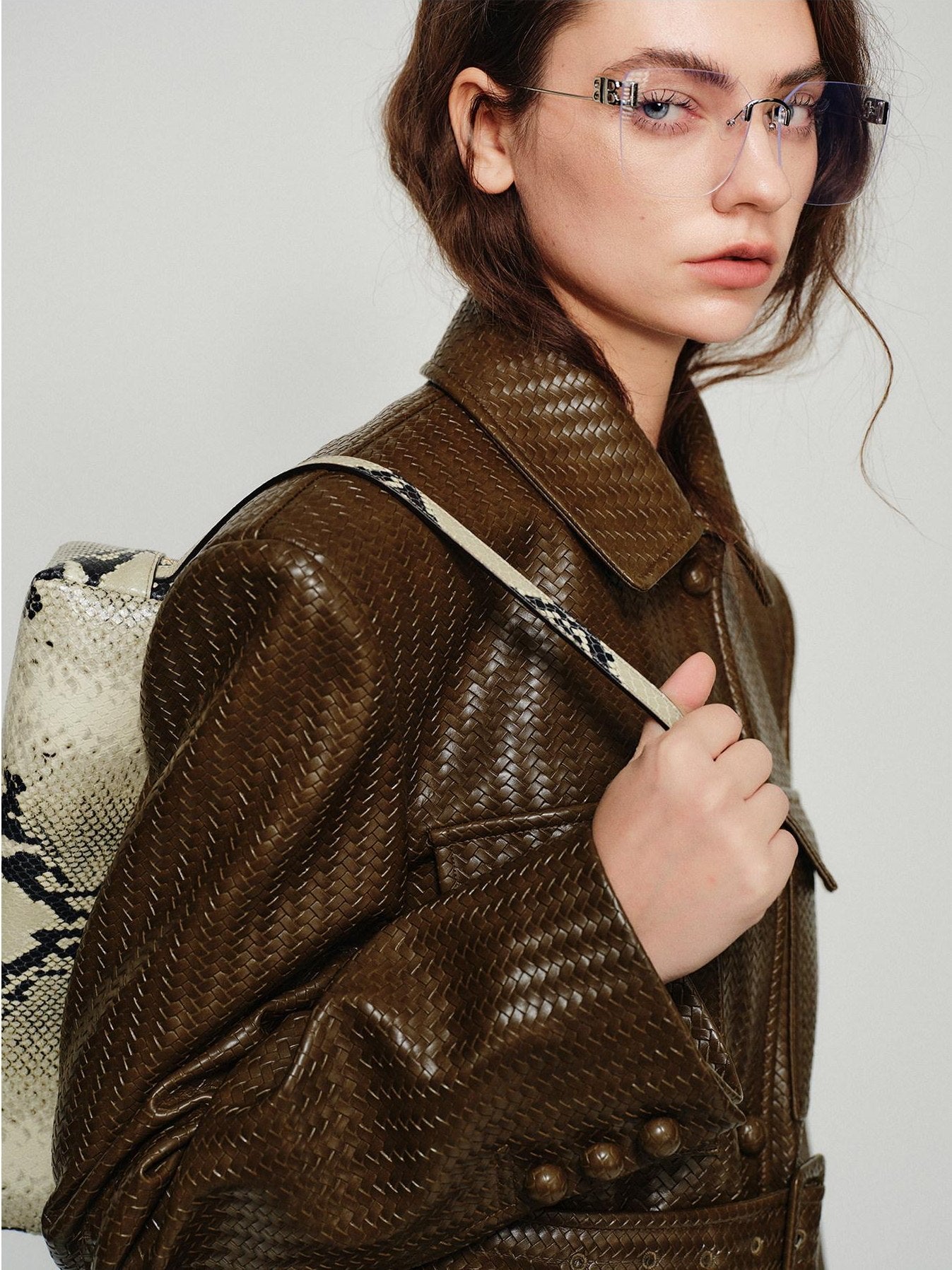 audreyyang Pu Leather Multi Pocket Loose Fit Lapel Button Cuff Burgundy Leather Jackets
