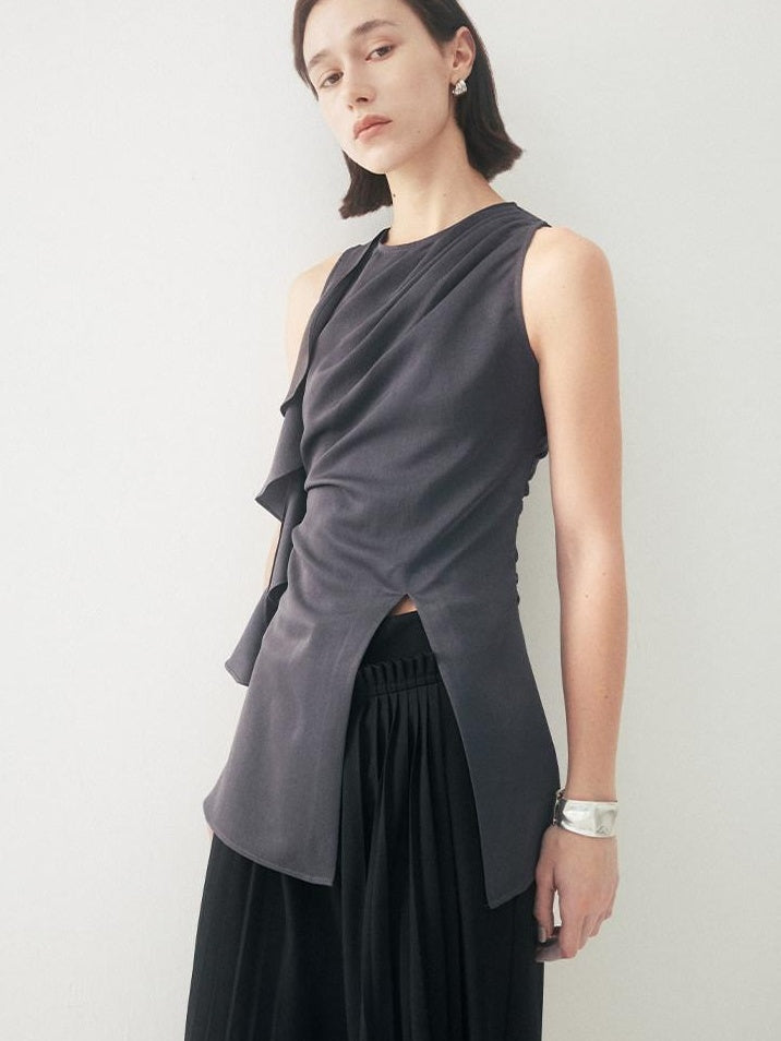 someonesometimes Satin Strappy Original Design Slim Fit Elegant Gray Off Shoulder Crop Tops