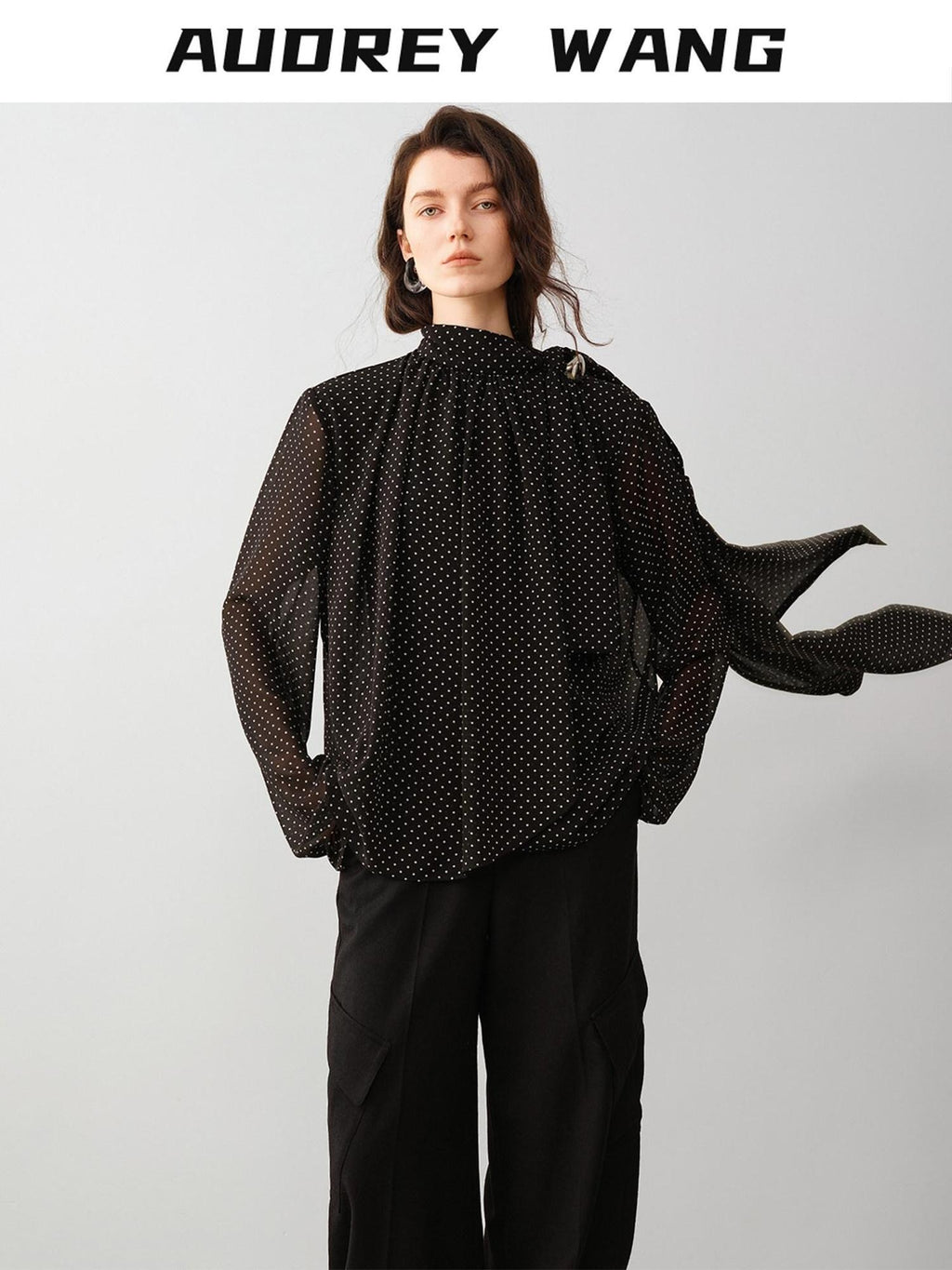 audreyyang Shape Retaining Loose Fit Stand Collar Long Sleeve For Women Polka Dot Blouses