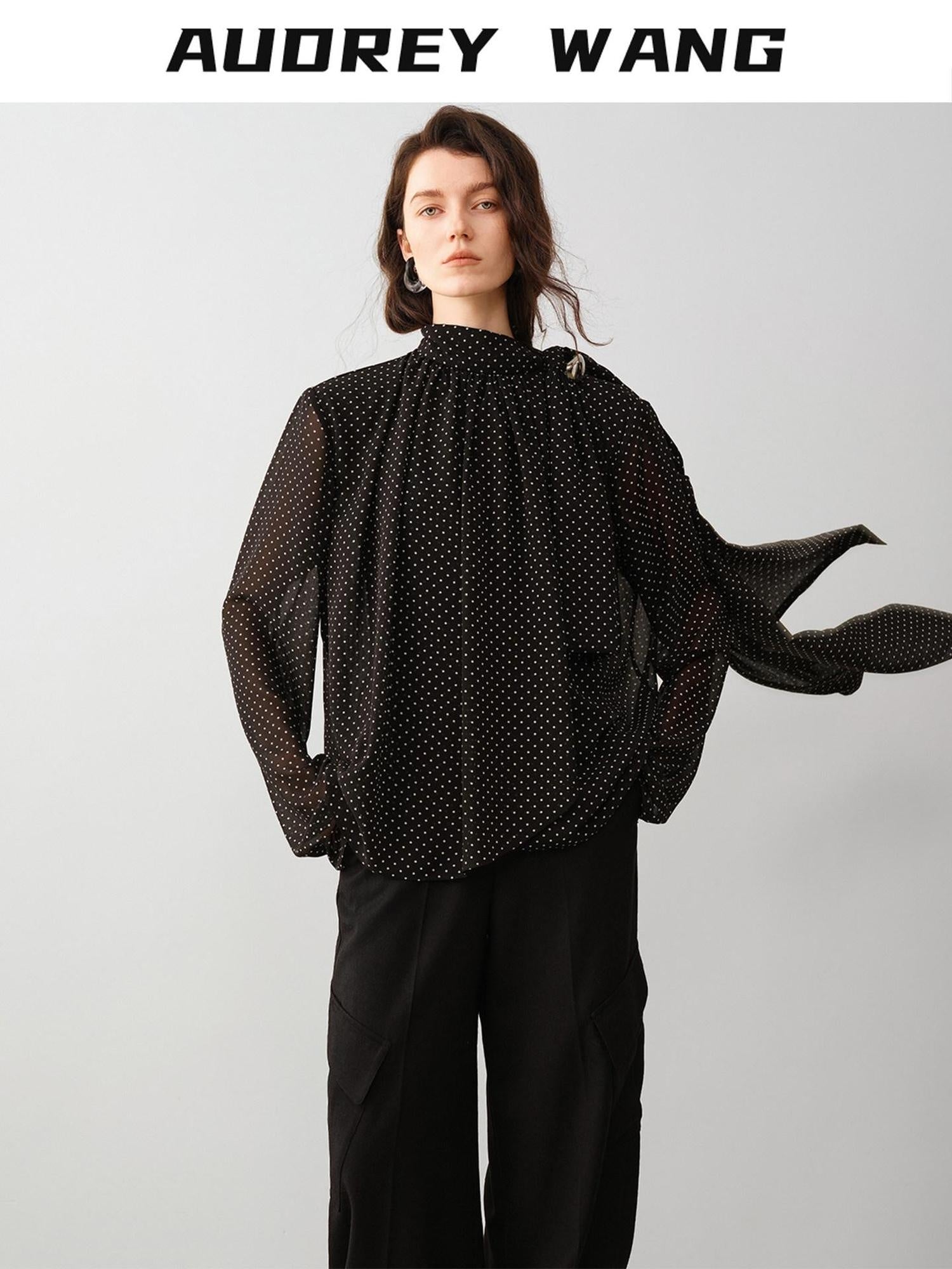audreyyang Shape Retaining Loose Fit Stand Collar Long Sleeve For Women Polka Dot Blouses