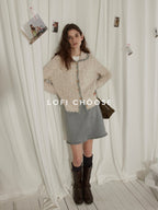 Lofi choose Wool Blend Contrast Trim Relaxed Lapel Button Women Oatmeal Knit Cardigans