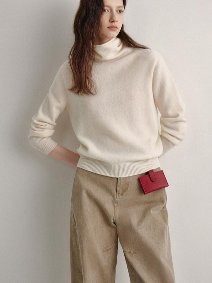 fano 100 Percent Wool High Neck Straight Minimalist Commuter Women Pullover Sweaters