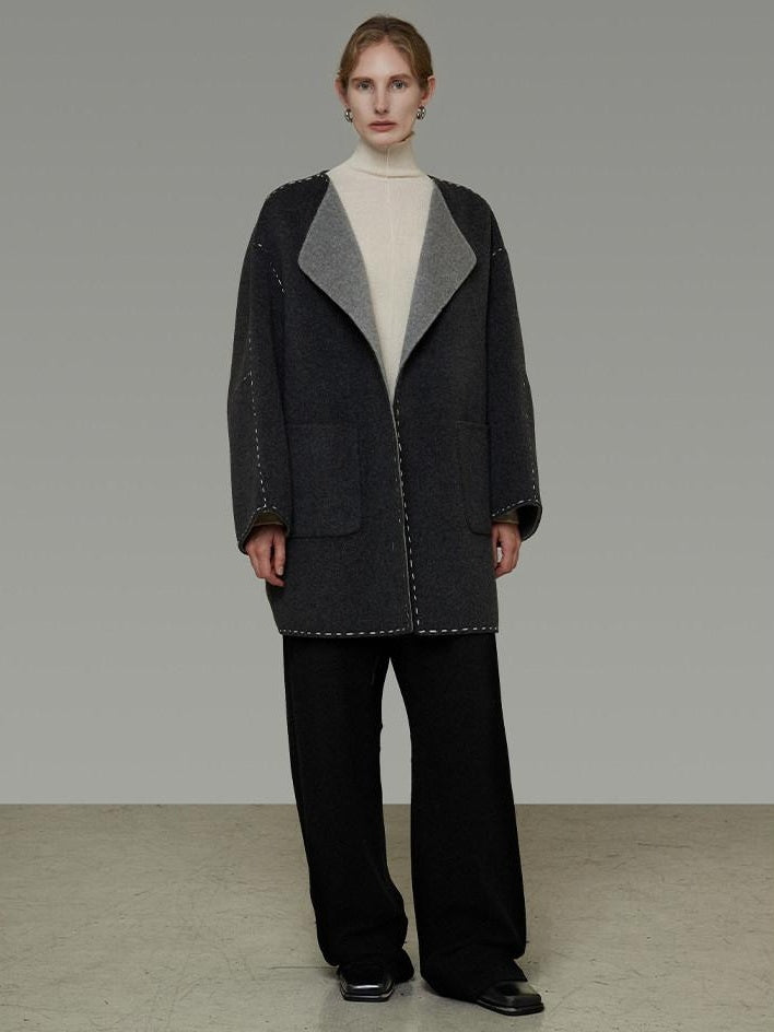 unspoken Warm Thick 3D Tailored Loose Fit Lapel Collar Commuter Women Charcoal Wool Coats