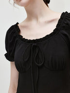 fano Structured High Waist A Line Square Neck Cotton Short Sleeve Black Maxi Dresses