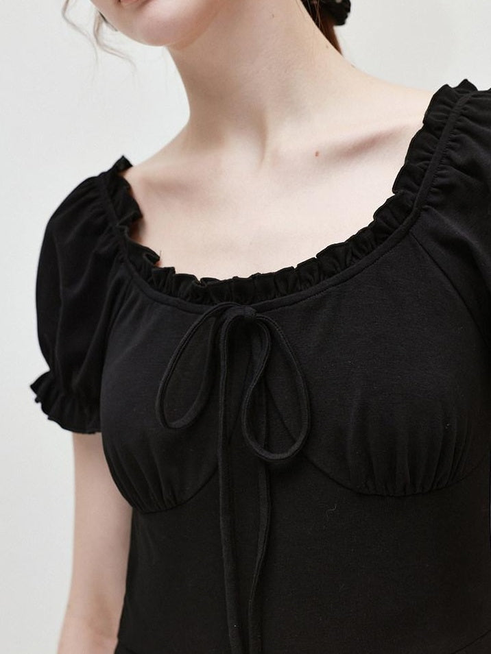 fano Structured High Waist A Line Square Neck Cotton Short Sleeve Black Maxi Dresses