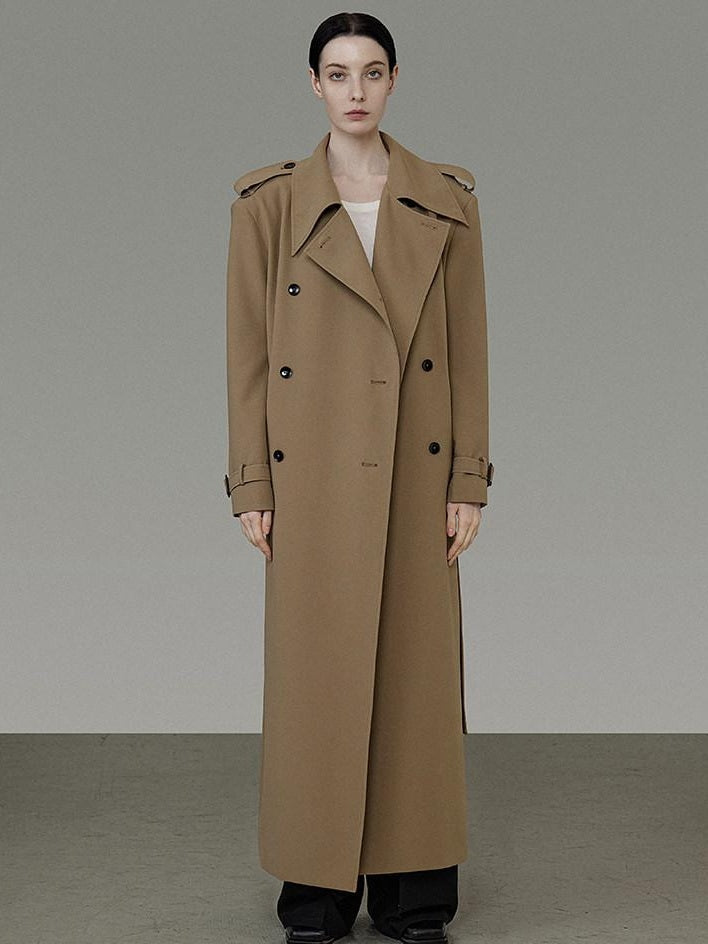 unspoken Double Breasted Straight Minimalist Office Tea Brown Longline Women Trench Coats