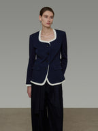 unspoken Durable Shape Loose Office Button Flap Pocket Women Navy Cropped Jackets