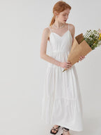fano High Waist Pleated Minimalist V-neck Sleeveless A Line Cotton Casual Maxi Dresses