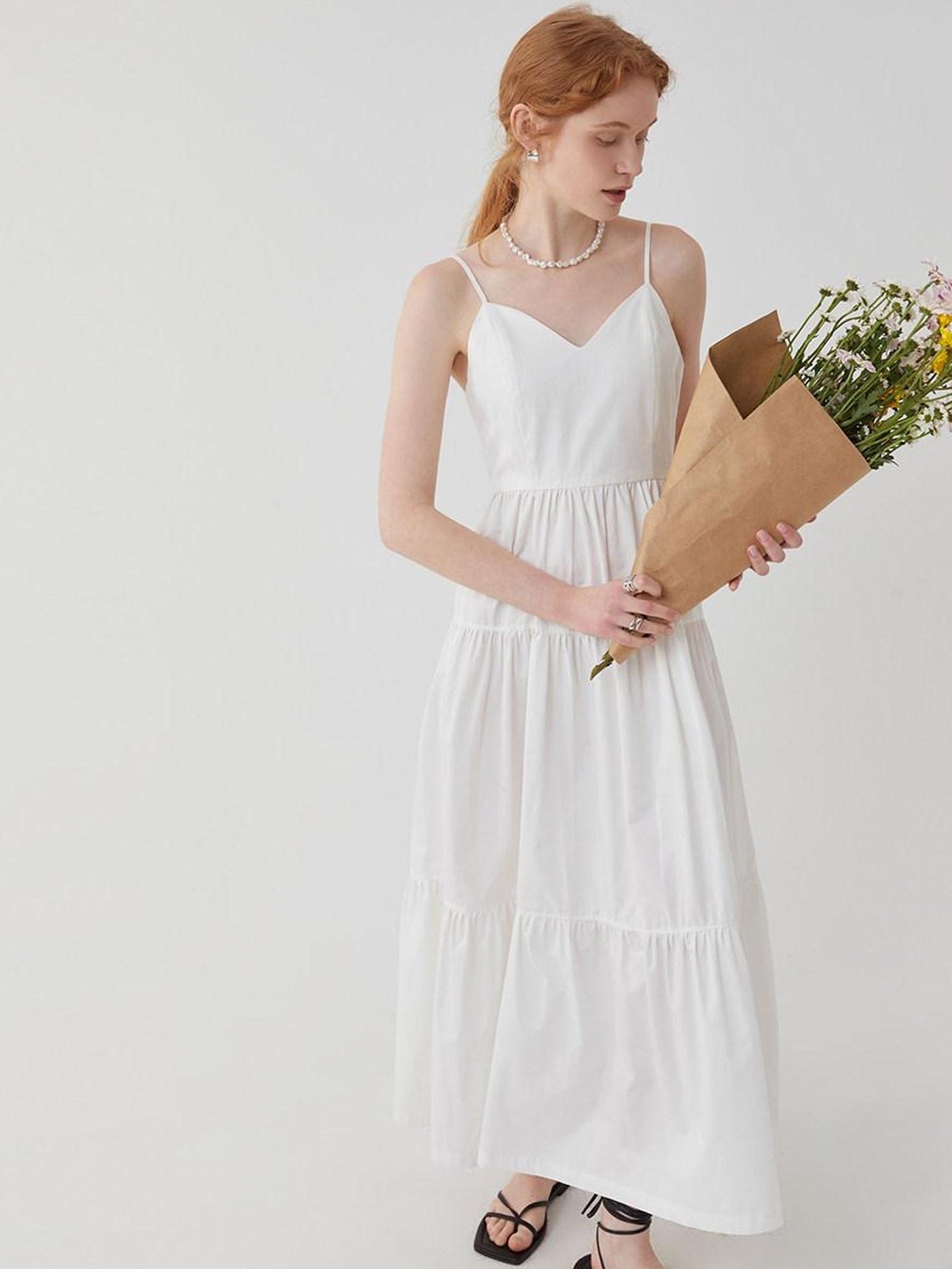 fano High Waist Pleated Minimalist V-neck Sleeveless A Line Cotton Casual Maxi Dresses