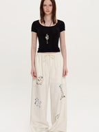 fano Lightweight Nylon Blend Korean Commuter Wide Leg Waist Zip Fly Sweatpants
