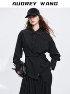audreyyang Striped Relaxed Lapel Button Long Sleeve Casual Women Polyester Top & Pants Sets