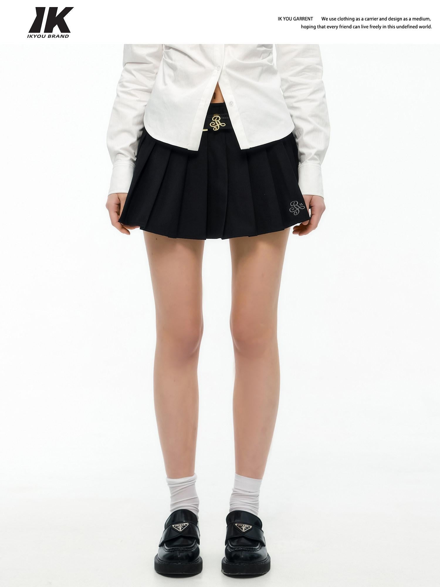ikyou Colorfast Casual Embroidered Pleated Aline Mid Waist Polyester Women Mini Skirts