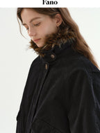 fano Warm 90% White Duck Down Fur Collar Loose High Waist Minimal Black Down Jackets