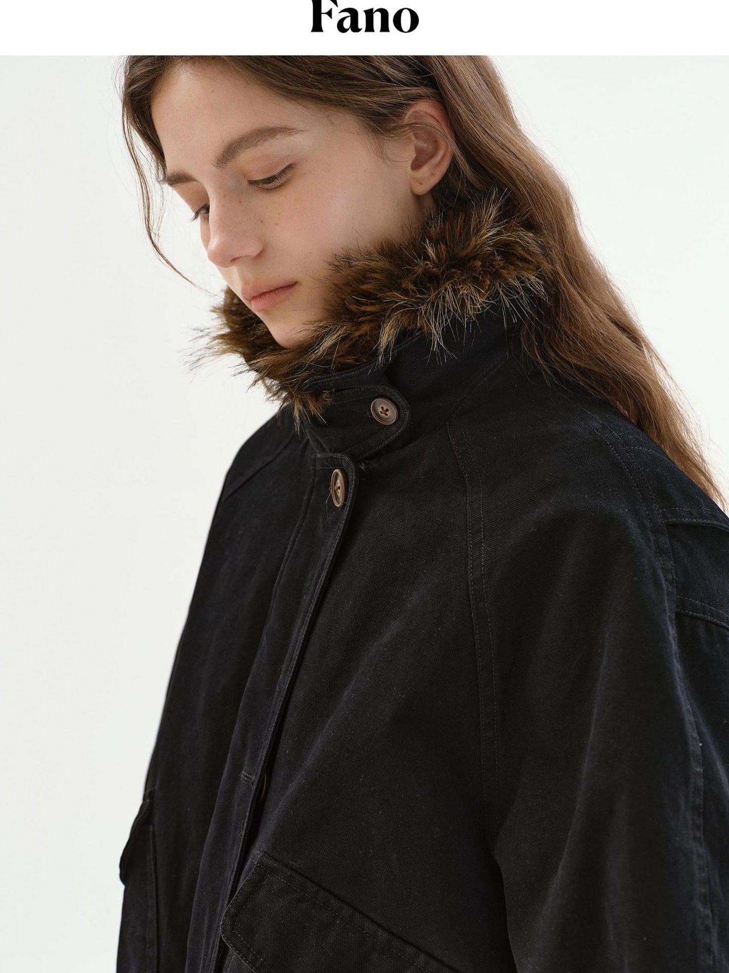 fano Warm 90% White Duck Down Fur Collar Loose High Waist Minimal Black Down Jackets