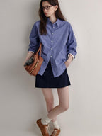 fano Skin Friendly Breathable Cotton Loose Fit Buttoned Collared Women Blue Shirts