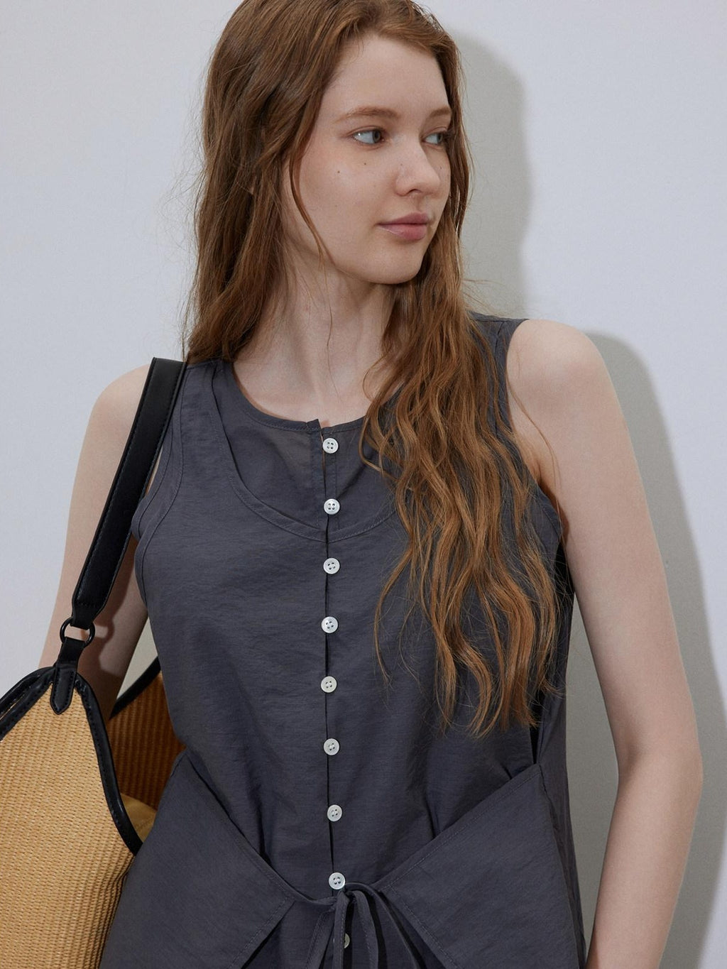 Lofi choose Button Front Loose Workwear Sleeveless Charcoal Off Shoulder Crop Tops