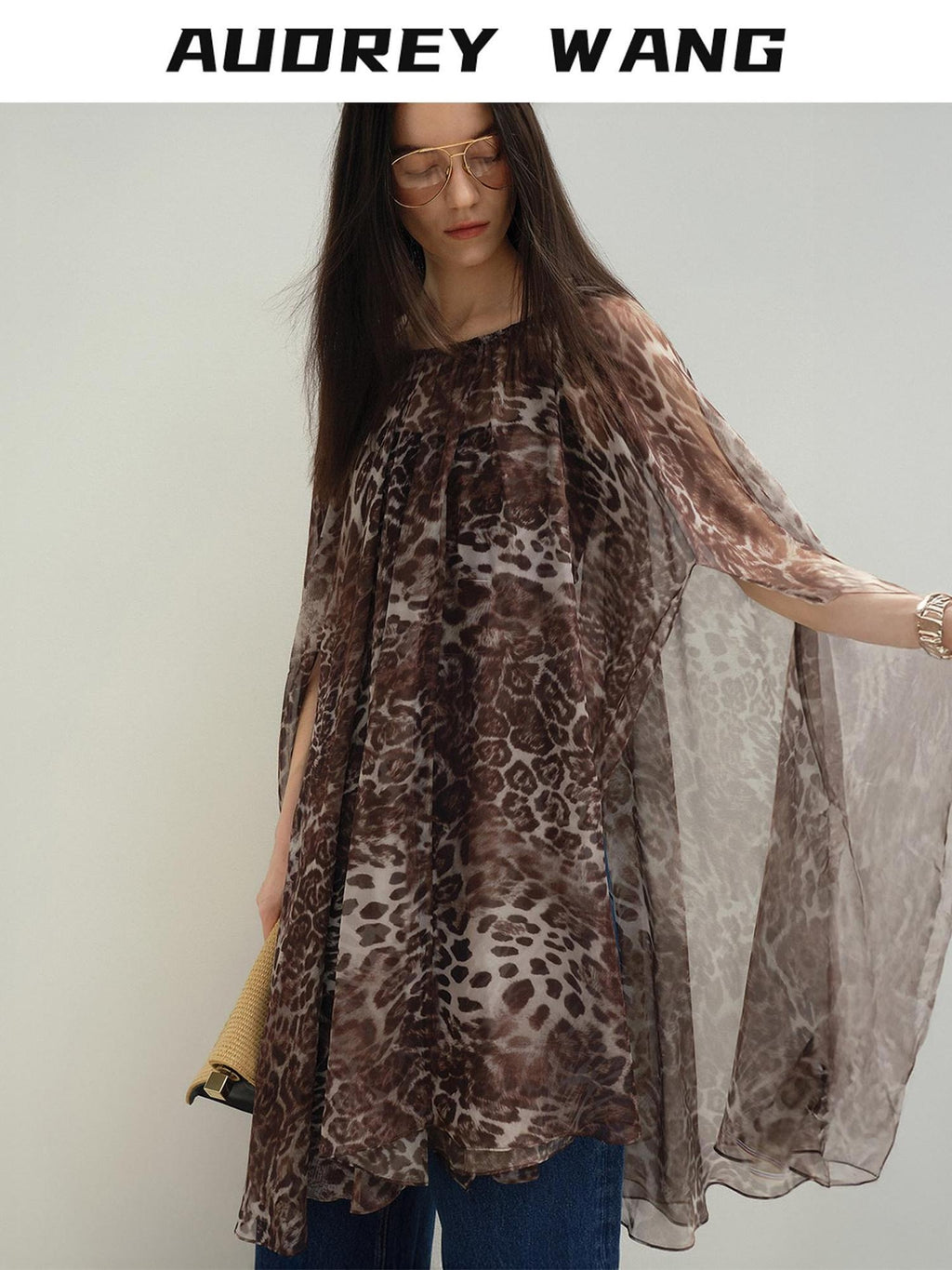 audreyyang Soft Leopard Mesh Off Shoulder A Line Loose Waist Casual Women Midi Dresses