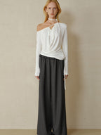 someonesometimes Soft Stretch Casual Ruffle Hem Women Heather Grey Viscose Blend Wide Leg Pants