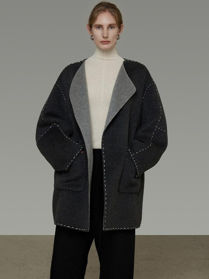 unspoken Warm Thick 3D Tailored Loose Fit Lapel Collar Commuter Women Charcoal Wool Coats