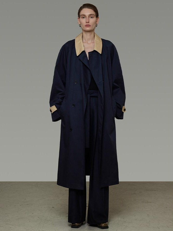 unspoken Minimal Commuter Cotton Loose Fit Single Breasted Long Navy Trench Coats