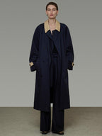 unspoken Minimal Commuter Cotton Loose Fit Single Breasted Long Navy Trench Coats