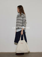 Lofi choose Soft Acrylic Blend Loose Fit Striped Polo Collar Office Women Knit Sweaters