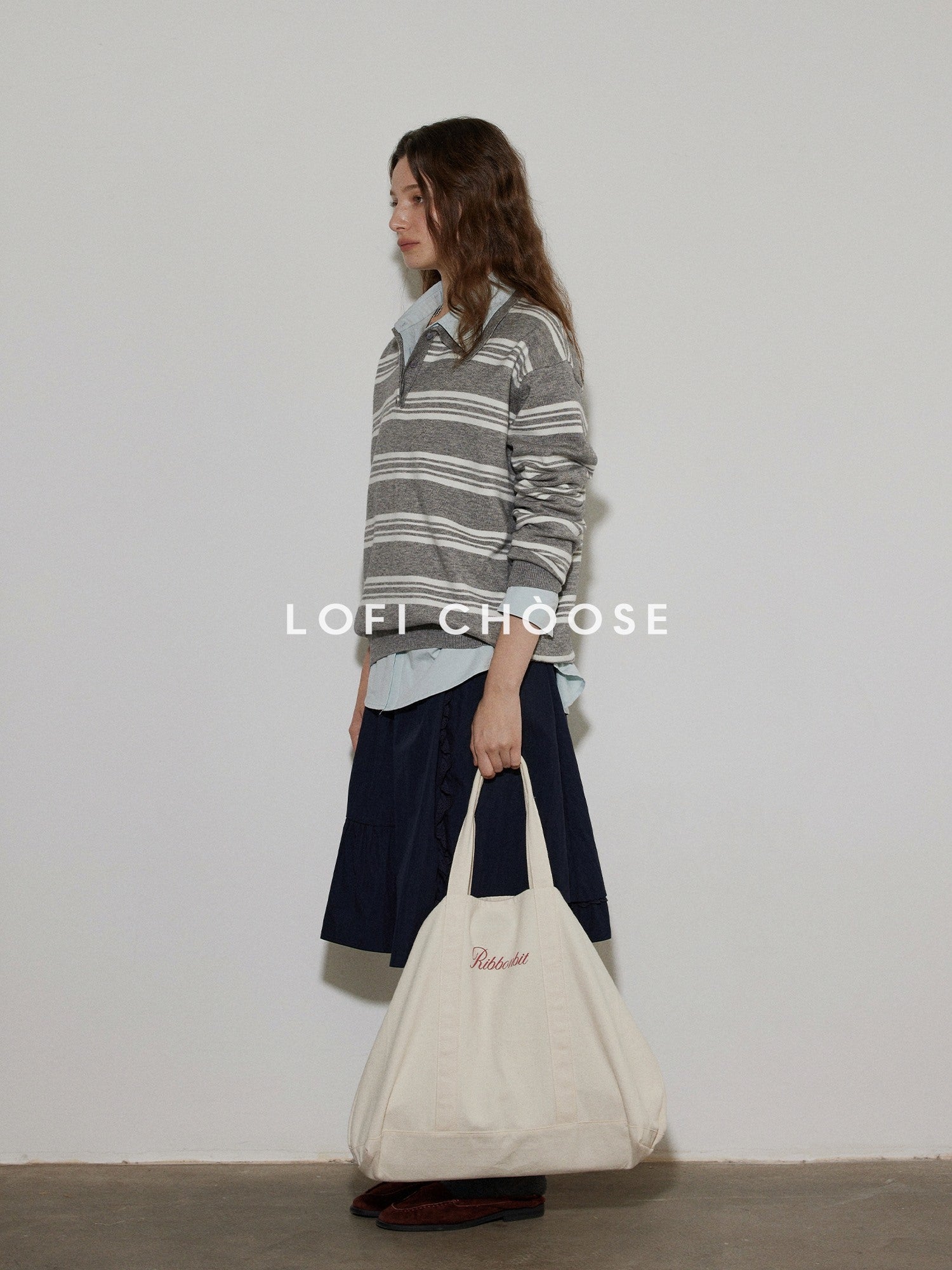 Lofi choose Soft Acrylic Blend Loose Fit Striped Polo Collar Office Women Knit Sweaters