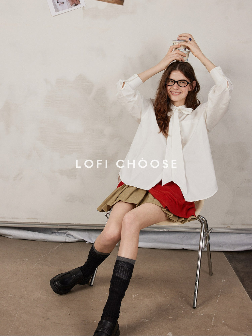 Lofi choose Elegant Ribbon Tie Neck Office Loose Fit Long Sleeve Button Blouses