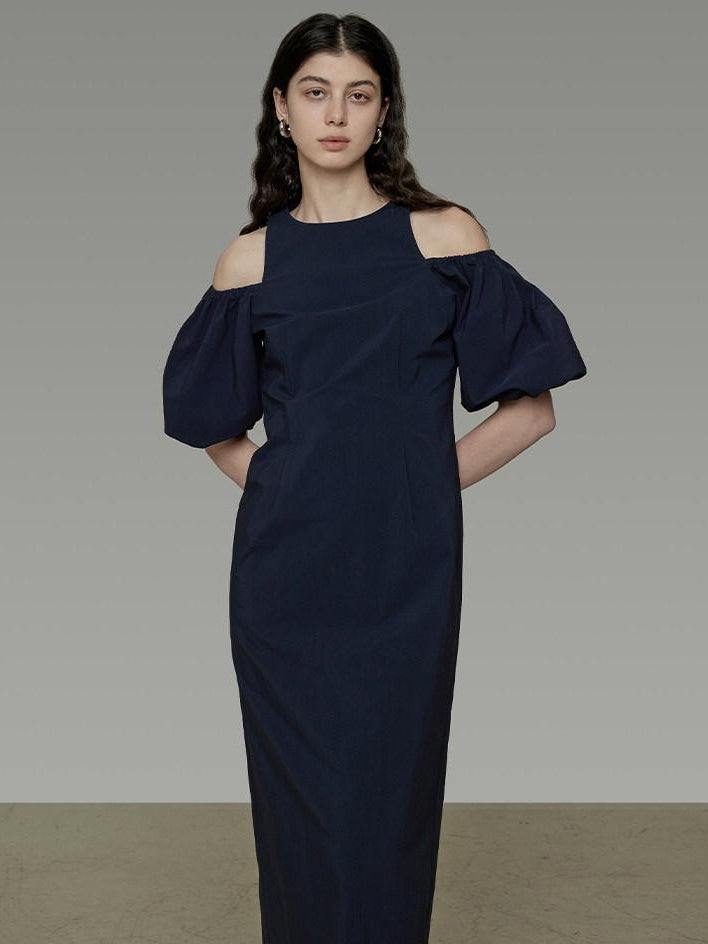 unspoken Slimming Waist A Line Irregular Hem Puff Sleeve City Navy Maxi Dresses