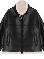 fano Thick Commuter Loose Fit Zipper Long Sleeve Women Black Leather Jackets