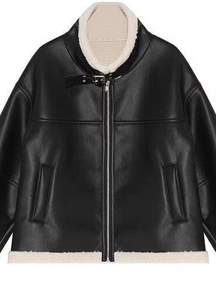 fano Thick Commuter Loose Fit Zipper Long Sleeve Women Black Leather Jackets
