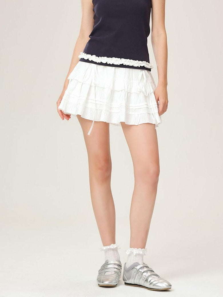 ikyou Soft Cotton Jacquard Lined A Line Puff Skirt Bow Lace Women Daily Mini Skirts