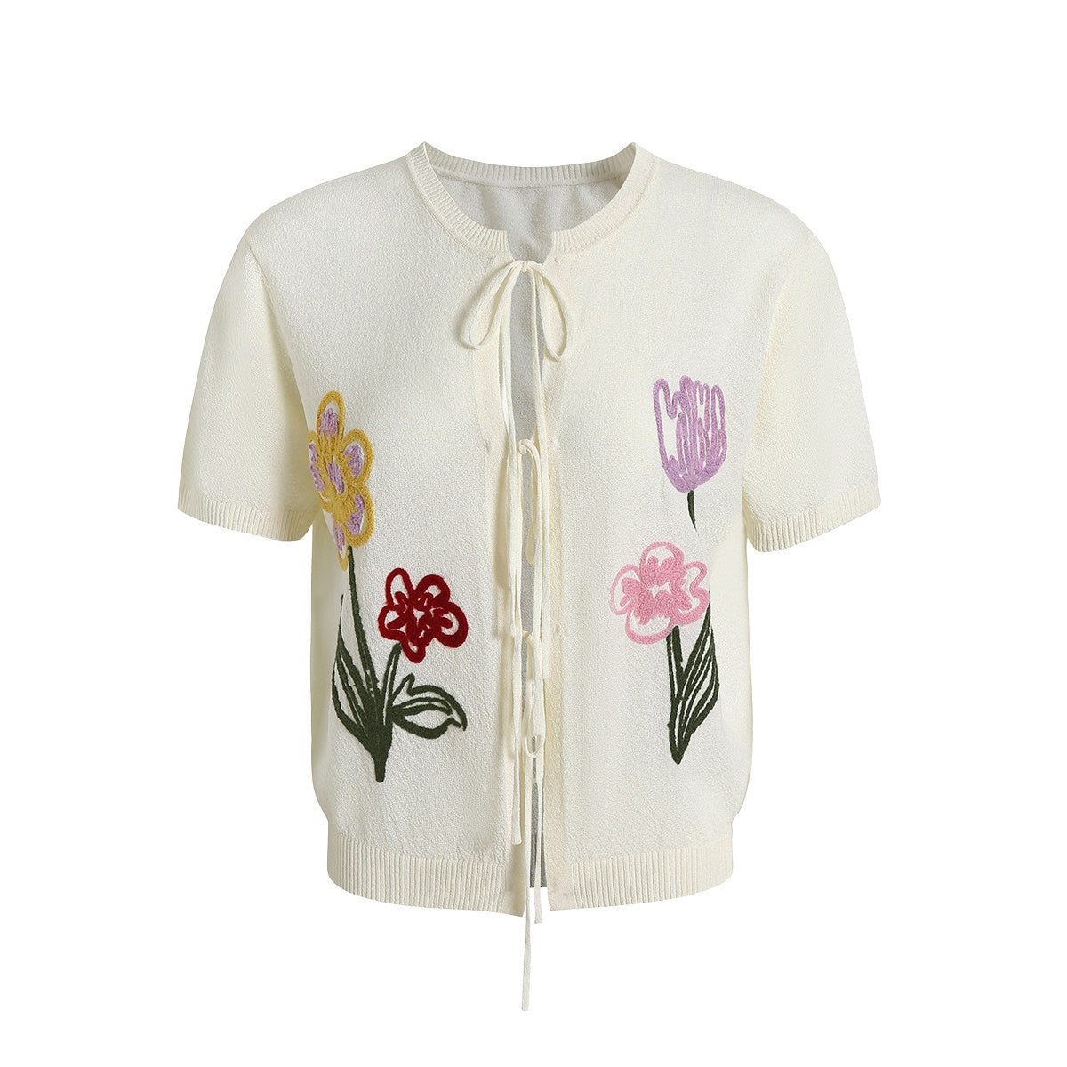 fano_V-neck_Tie_Front_Floral_Short_Sleeve_Korean_Loose_Fit_Women_Beige_Cardigans_MISSTT