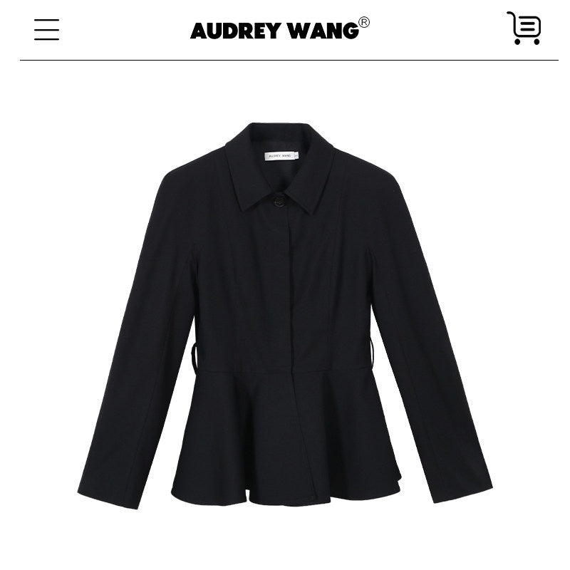 audreyyang_Waist_Slimming_Casual_Cropped_Lapel_Long_Sleeve_Black_Polyester_Top_&_Pants_Sets_MISSTT