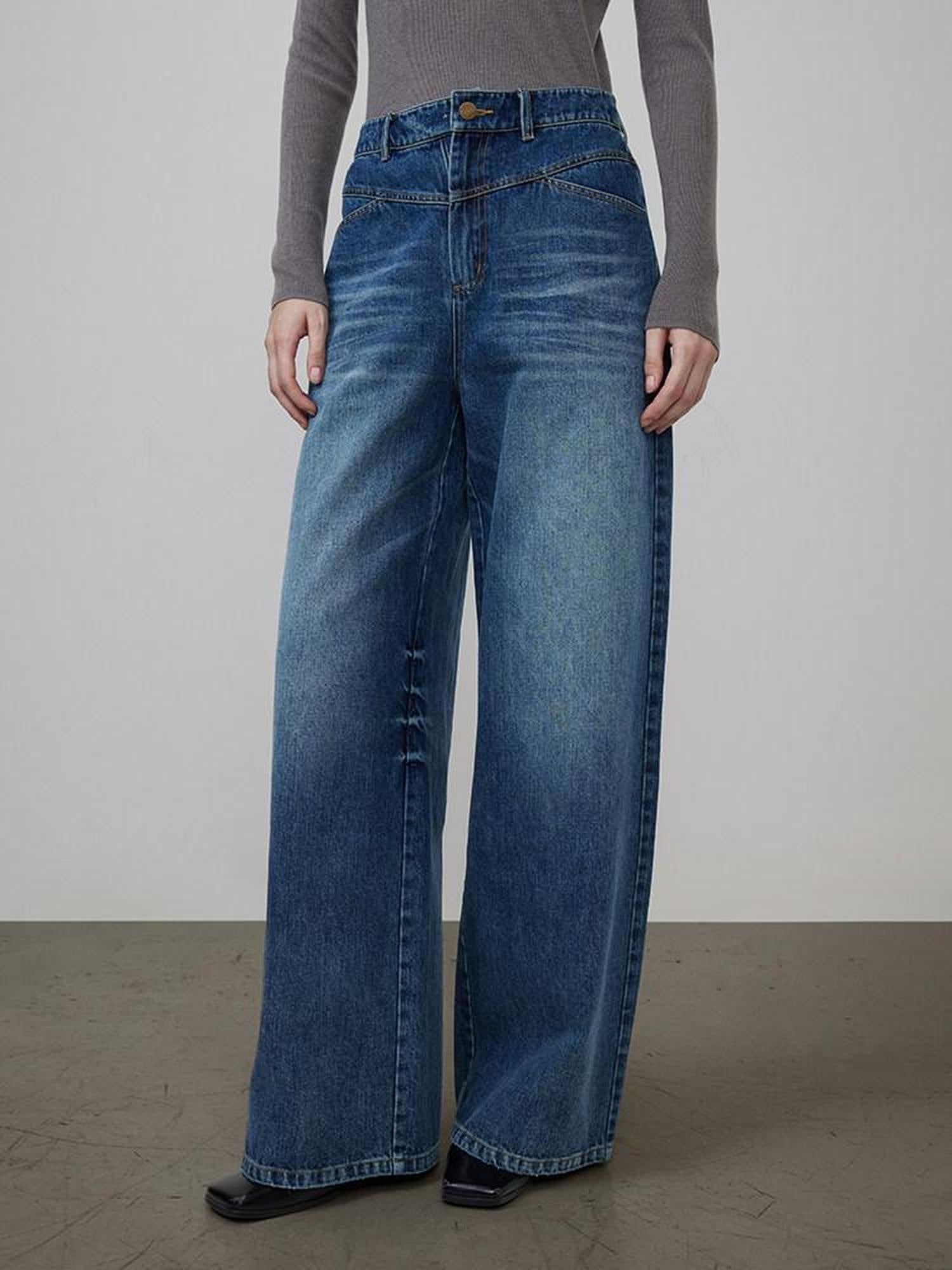 unspoken High Waist Washed Durable Denim Blue Loose Versatile Cotton Wide Leg Jeans