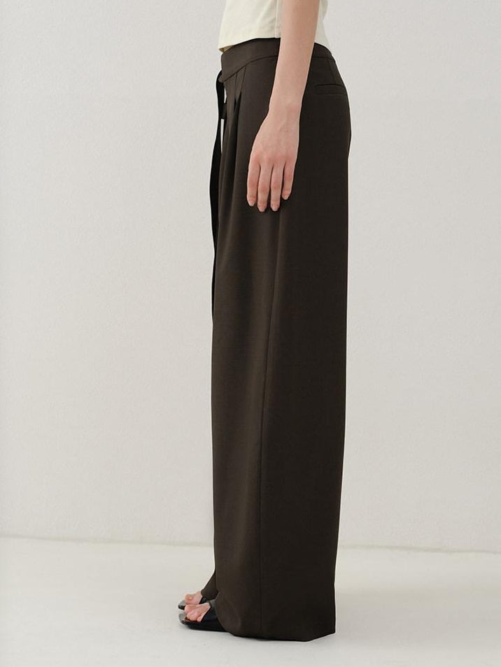 someonesometimes Minimalist Work Natural Waist Button Tea Brown Stretch Wide Leg Pants