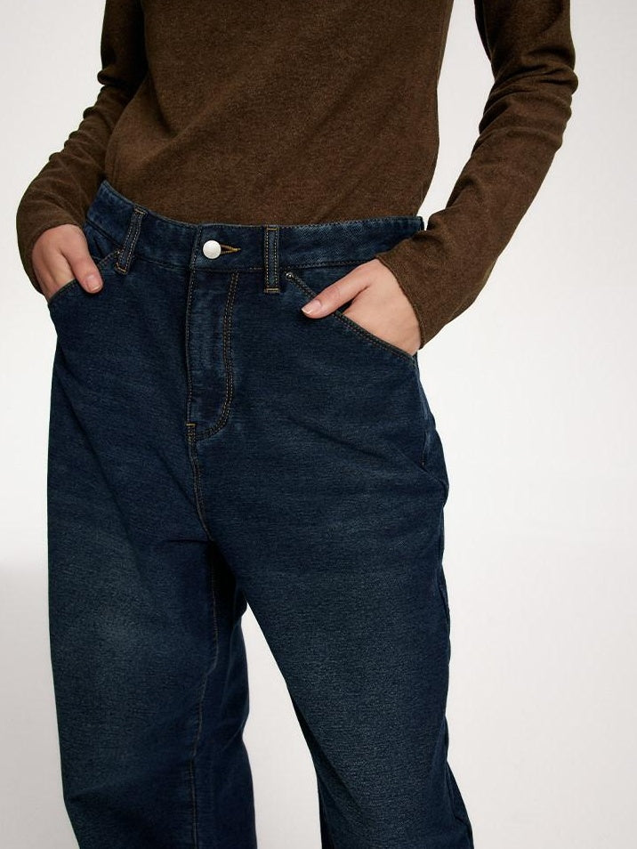 someone sometimes Vintage Blue Natural Waist Relaxed Fit Casual Polyester Wide Leg Jeans